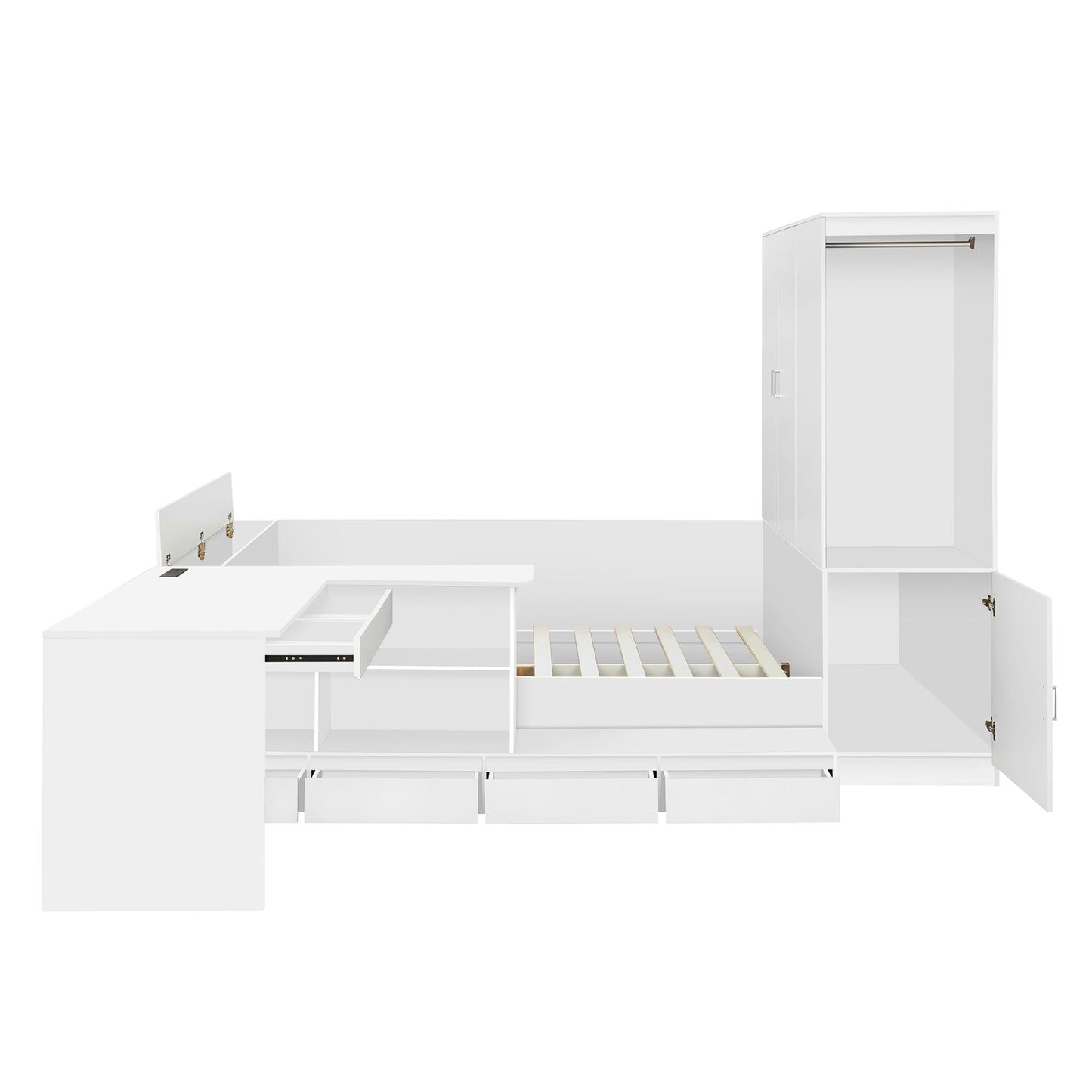 Merax Full Size Platform Bed with 6 Storage Drawers, Wooden Daybed with Desk, Sheves and Wardrobe