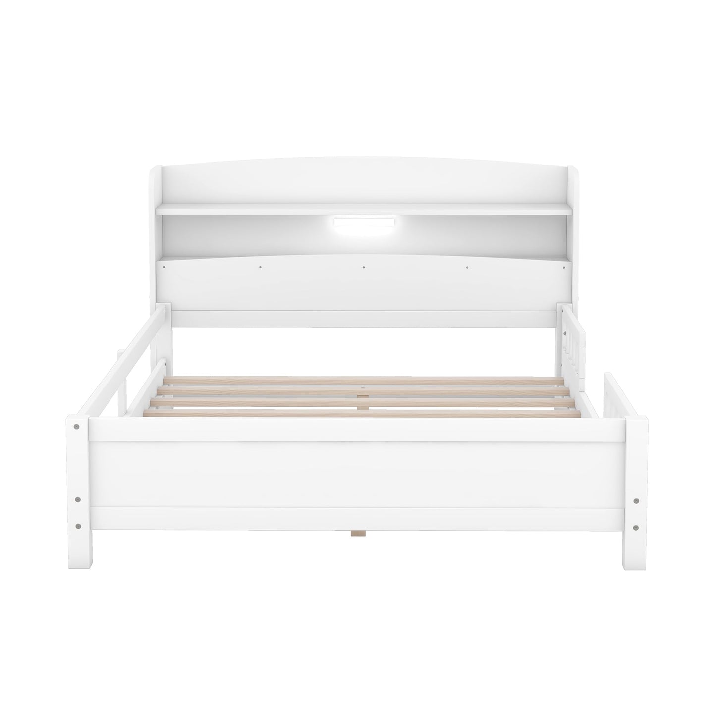 Merax Full Size Bed Platform Frame, Solid Wood Full White Bed Frame with Storage Headboard, Built-in Light and Safety Guardrail, No Box Spring Needed, Easy Assembly, Noise-Free