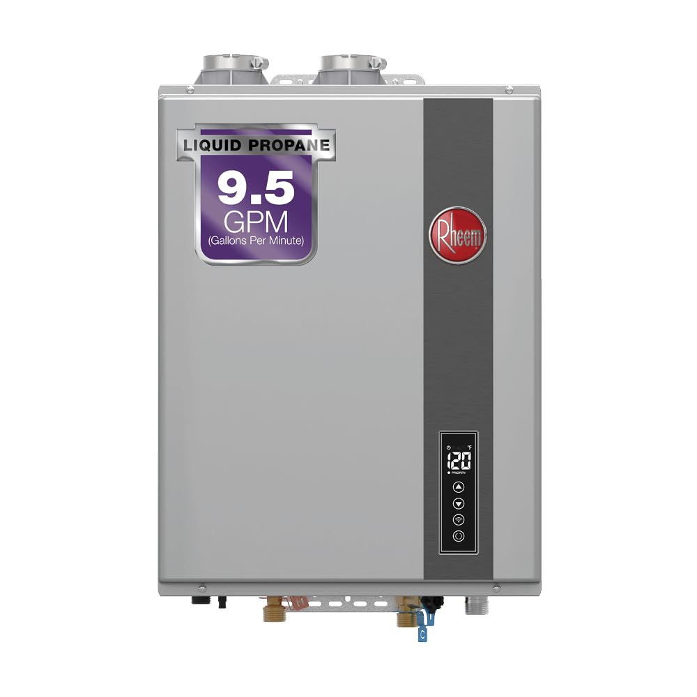 Rheem RRTGH95DVLP3701178 Rheem RTGH Series 9.5 GPM 199,900 BTU 120 Volt Residential Indoor Liquid Propane Tankless Water Heater Stainless Steel