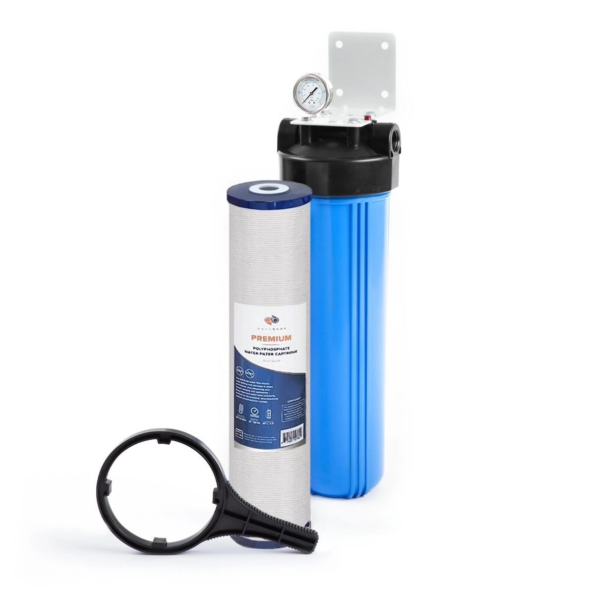 Aquaboon Whole House Water Filter System for Well Water with 5 Micron 20x4.5 Anti-Scale Purification Cartrige | NSF Certified, Pressure Gauges & Releas, Wrench, Bracket 1" NPT