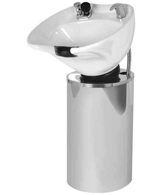 Buy-Rite Paris Pedestal Shampoo Unit with stainless steel base, white tilting porcelain bowl, faucet, spray hose, drain, and vacuum breaker – durable professional salon equipment.