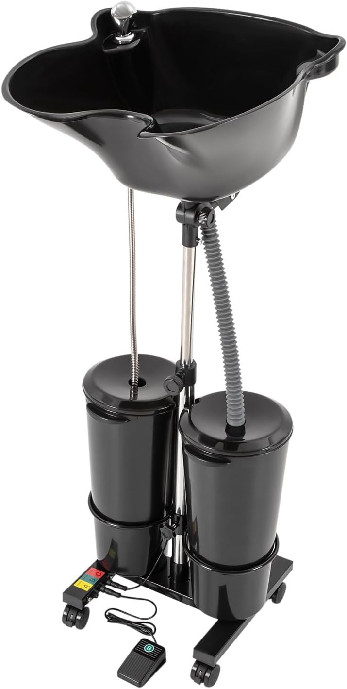 Shampoo Bowl Portable Hairdressing Backwash Unit Salon Wash Hair Basin Sink With 10 L 2 Tanks Buckets Drain Hoses And Wheels, Height Adjustable Hair Washing Sink For Barber Shop Elderly/pre