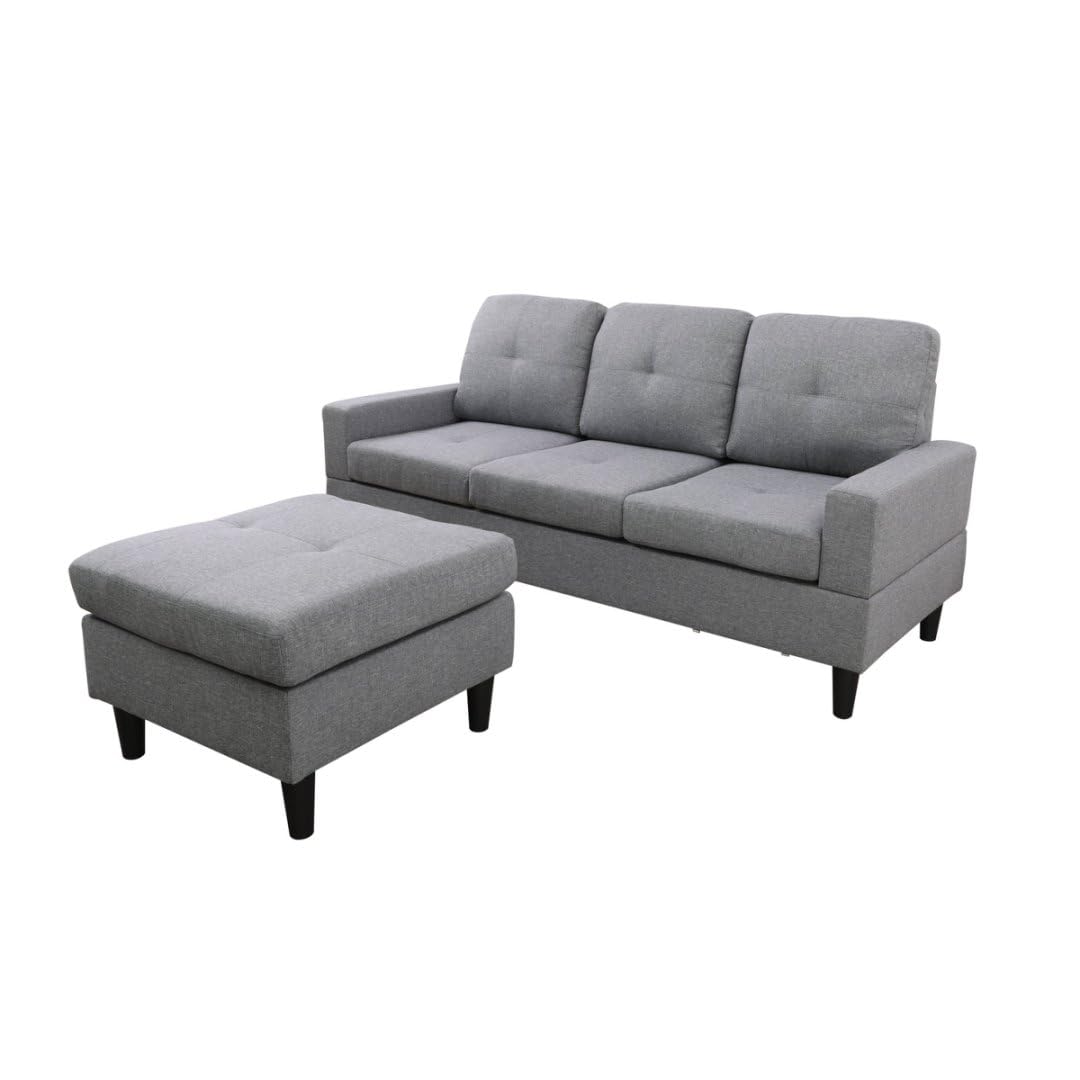 UOCFYK 3-Piece Faux Leather & PVC Sofa with Storage Ottoman with Lounge Chaise (2 Ottomans) Set, Sectional Couch Sofa Set for Living Room, Office, Small Space, Brown and Grey