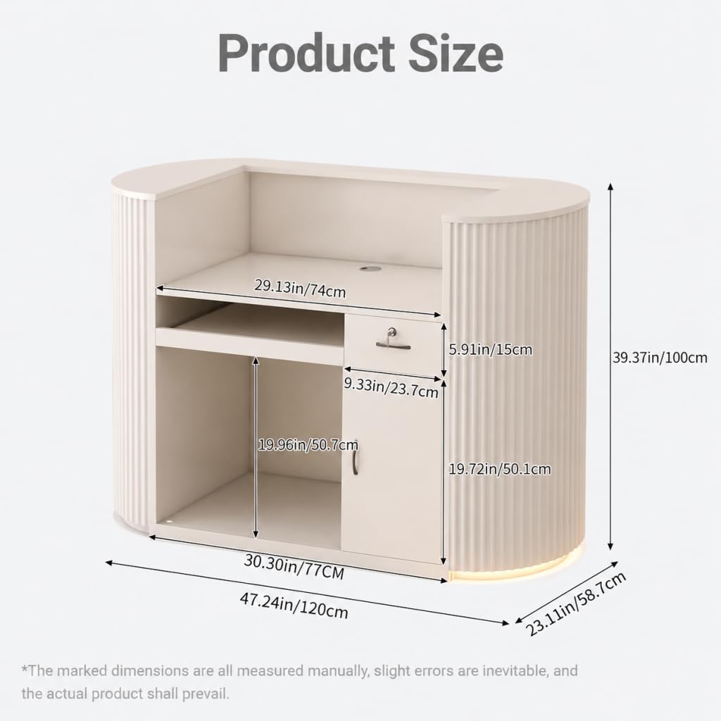 Modern Curved Reception Desk 47 Inch, LED Light Reception Counter with Power Outlet, Lockable Drawer Storage Cabinet for Salon Office Lobby Retail Store