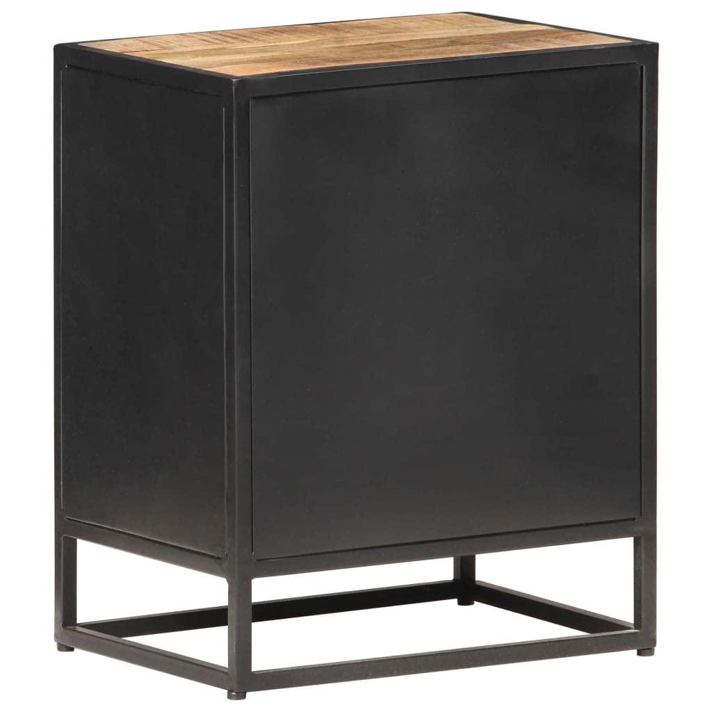 KGFHERENB Bedside Cabinet, 15.7"x11.8"x19.7" Rustic Solid Rough Mango Wood Nightstand with Hand-Woven Natural Cane Door, Iron Frame Side Table with Storage for Bedroom and Living Room