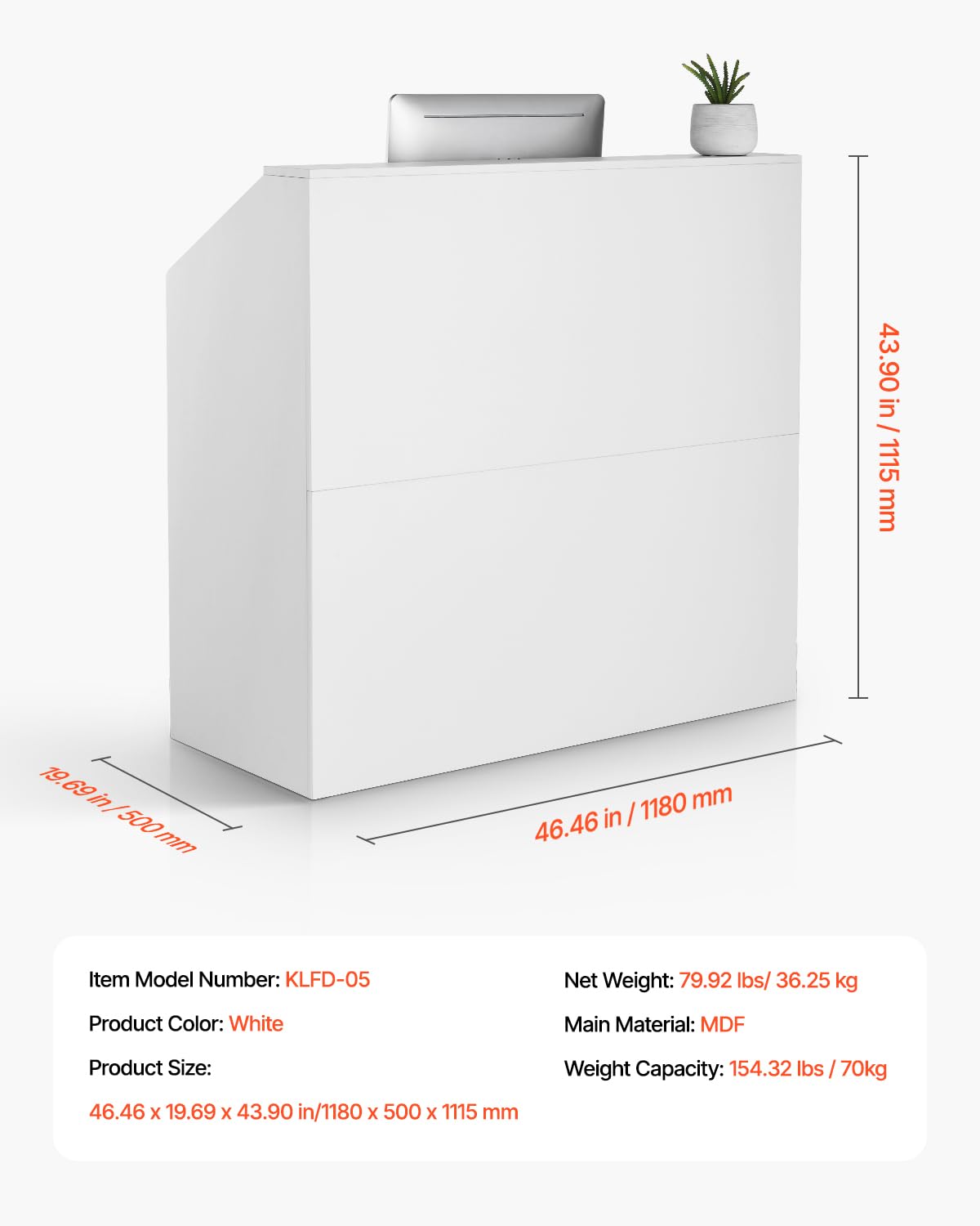 VEVOR Reception Desk, 46 Inch Rectangular Front Counter Table, Office Reception Desk, Retail Counter and Front Reception Counter, for Checkout, Lobby, Beauty Salon and Office, White