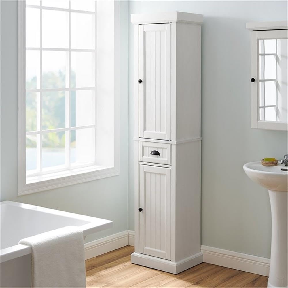 Crosley Furniture Seaside Tall Linen Storage Cabinet and Bathroom Organizer with a Drawer and Shelves, Distressed White