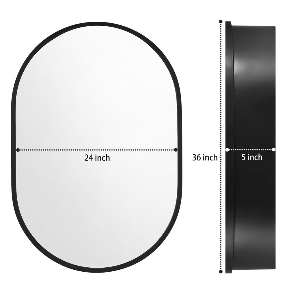 Movo 24 Inch x 36Inch Black Oval Mirror Medicine Cabinet Bathroom Wall Storage Cabinet Mirror Surface Mount Installation