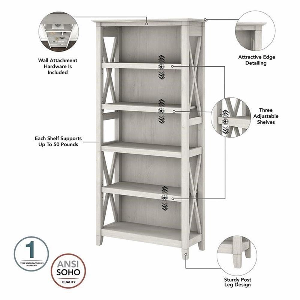 Bush Home Key West 54W Computer Desk with 2 Drawer Lateral File Cabinet and 5 Shelf Bookcase in Linen White Oak