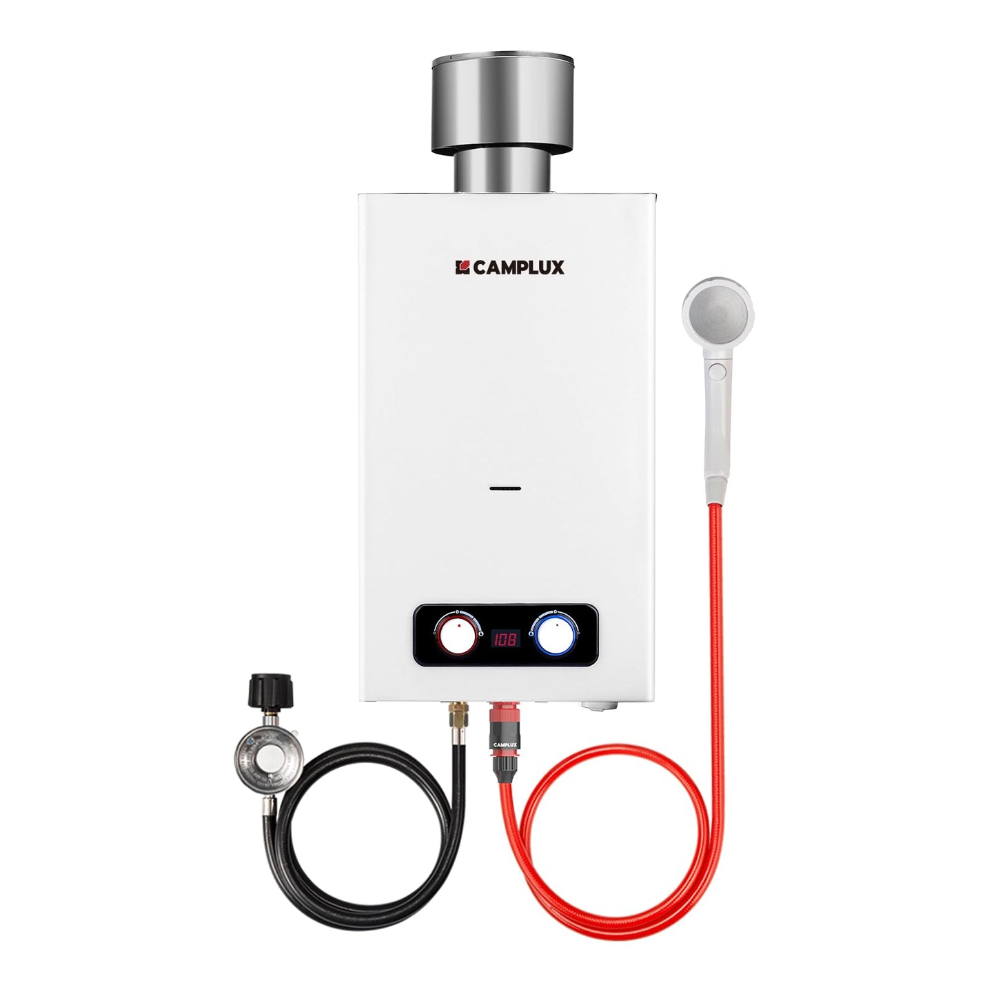 CAMPLUX 2.64 GPM Portable Tankless Water Heater, Outdoor Propane Water Heater with 4.33" S/S Rain Cap, for Camping, Cabin, Windproof Design, 68,000 BTU, BD264C