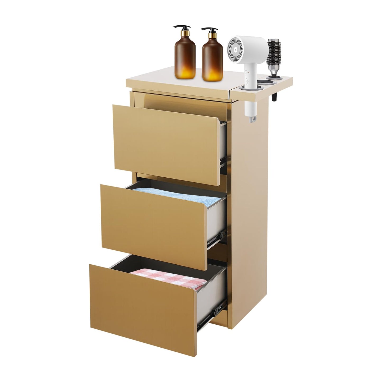 Salon Station for Hair Stylist, 3-Drawer Stainless Steel Salon Storage Cabinet Barber Organizer with 3 Hair Dryer Holders, Smooth & Silent Sliding (Gold)