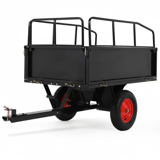 PeakPursuit Tow Behind Steel Dump Cart, Heavy Duty Yard Garden Trailer with Removable Sides & All Terrain Tires, Fits Lawn Mower, Tractor, Garden Cart, 750 lbs 17 Cubic Feet, Black