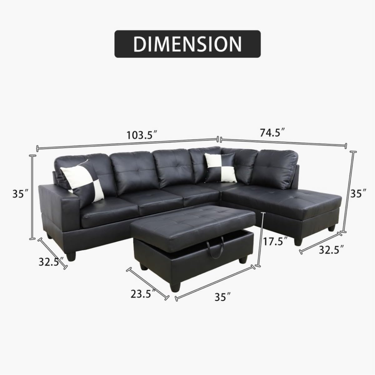 UOCFYK Black L-Shaped 3-Piece Faux Leather Sofa with Storage Ottoman Set, Sectional Couch Leather-Like Sofa Set for Living Room, Office, Small Space