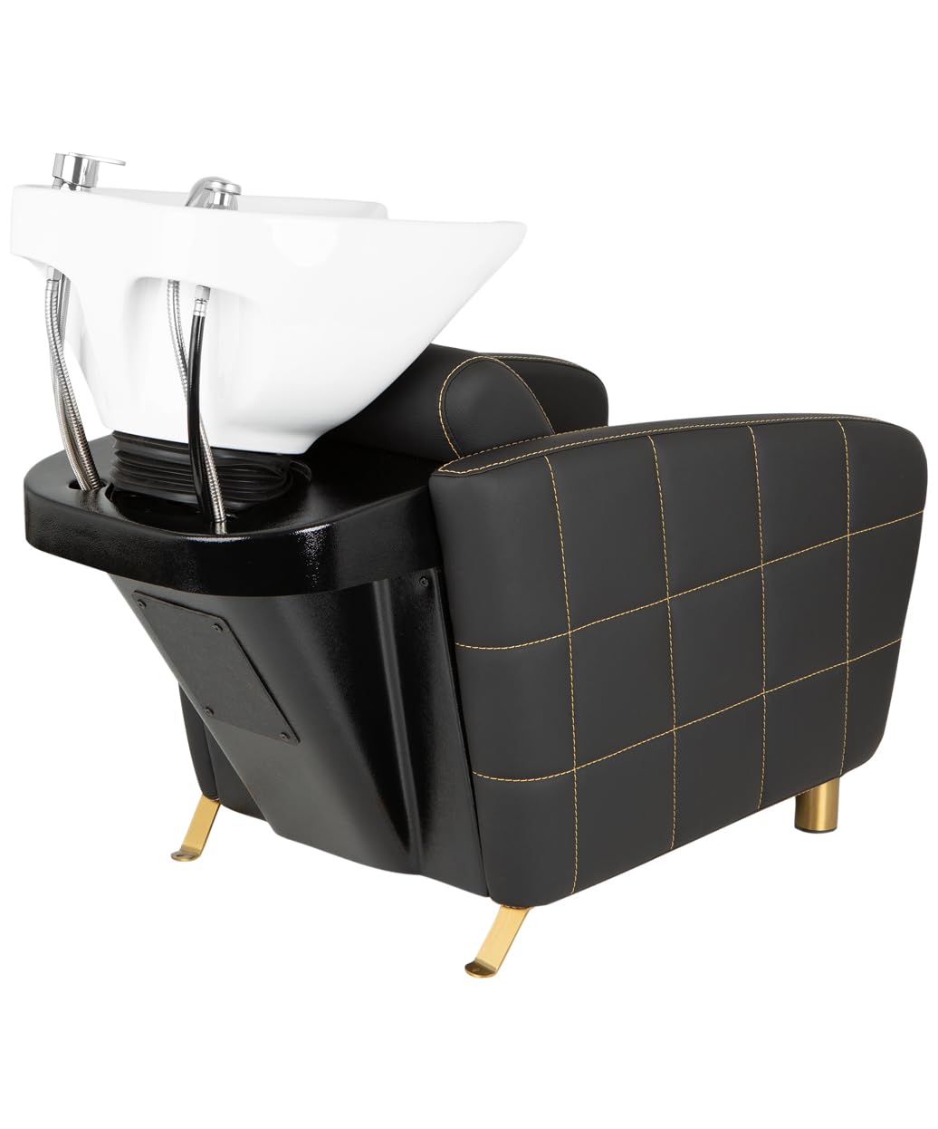 Buy-Rite Zara Shampoo Backwash Unit with Gold Stitching for Professional Salons, Tilting Porcelain Bowl, Extra Lumbar Support, Wide Seat for Comfort, Modern European Design, YLG-192-BW-GOLD-WHITEBOWL