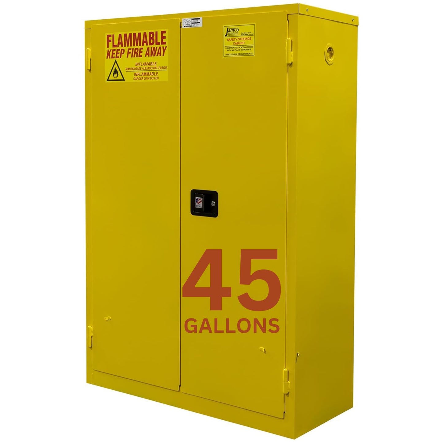 Jamco 45 Gallon Flammable Safety Cabinet, Steel Flammable Storage Cabinet with Lockable Self-Closing Doors, Non Forkliftable, 43" x 18" x 65", Yellow