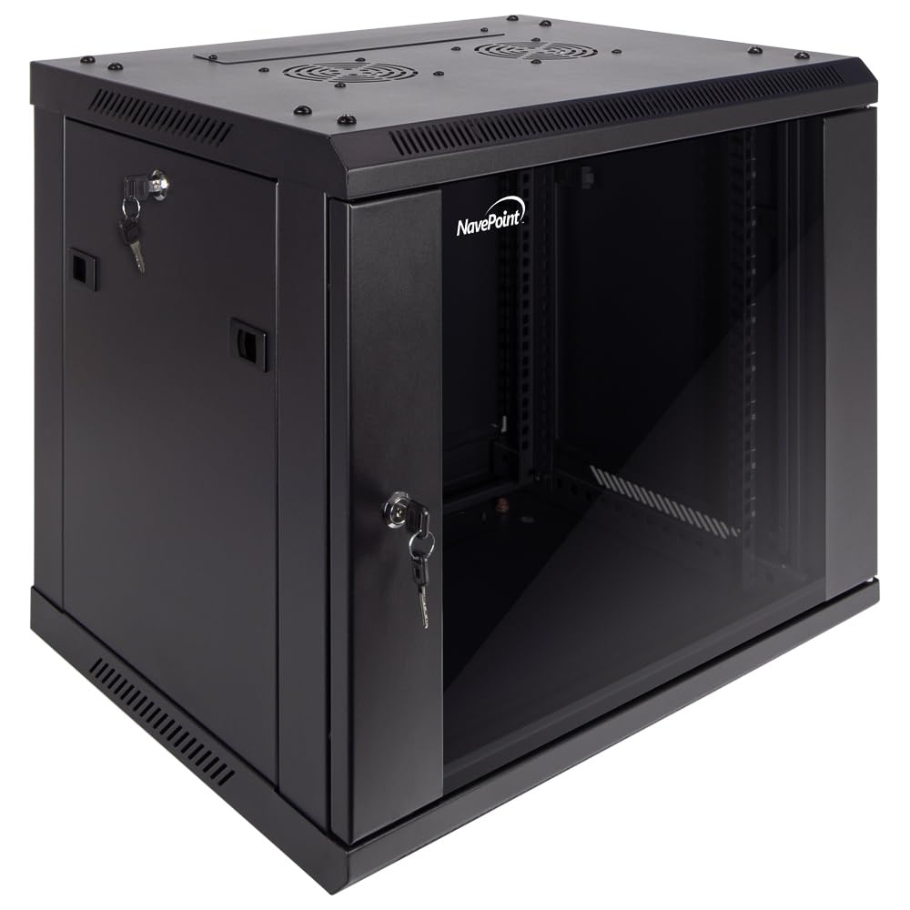 NavePoint 9U Server Cabinet Wall Mount Rack Enclosure Includes 2 Fans, Locking Glass Door, Removable Side Panels – 9U Network Cabinet 17.7” Deep, 19 Inch Server Rack for IT and A/V Equipment