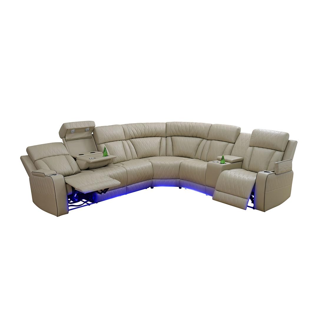 UOCFYK Reclining Sectional, Power Sectional Couch, Leather Sofa Set for Living Room, Comfy Home Theater Seating with USB 2.0 Charging Ports, LED Light Strips, Fold-Down Table & Cupholders (Beige)
