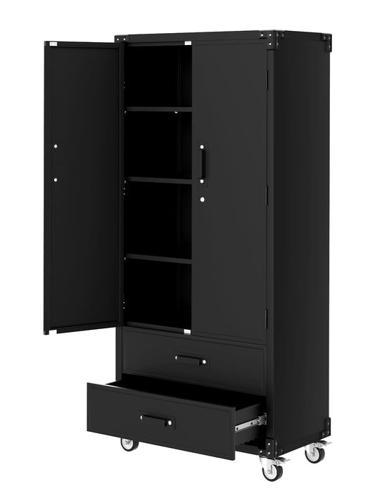 GarveeHome 72 in Metal Storage Cabinet with Wheels, Locking Doors & 2 Drawers,Heavy Duty Rolling Garage Organizer with 3 Adjustable Shelves for Home/Office/Workshop/Warehouse