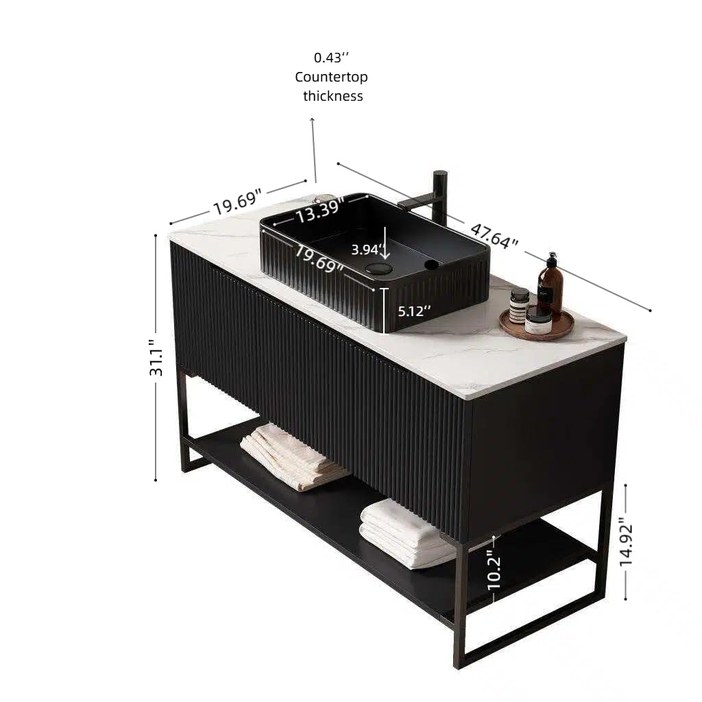 KEIKI 48 Inch Freestanding Bathroom Vanity with Sink, Modern Storage Cabinet with 3 Soft Close Doors and Open Shelf, Waterproof Wood Panels, Sintered Stone Top & Ceramic Basin Combo Set, Black & Black