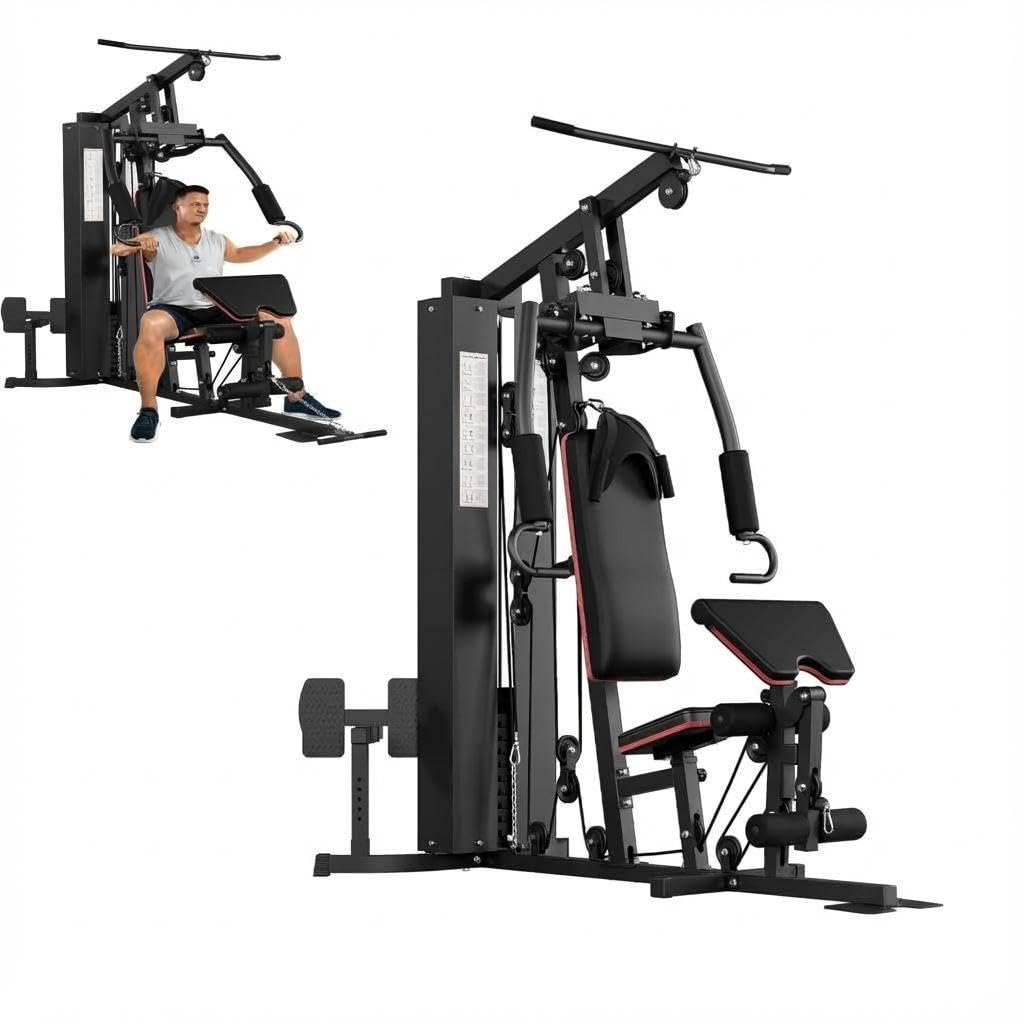 Multifunctional Home Gym Equipment - 150LB Weight Stack Workout Station for Full Body Strength Training, High/Low Pulley System with Leg Press & Butterfly Arms