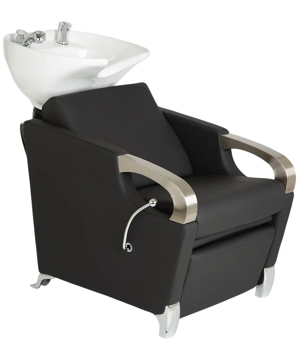 Buy-Rite Luna Shampoo Backwash Station: white porcelain tilting bowl, extra-wide black vinyl chair, chrome armrests, lever leg rest, single-handle faucet with vacuum breaker - professional salon gear.