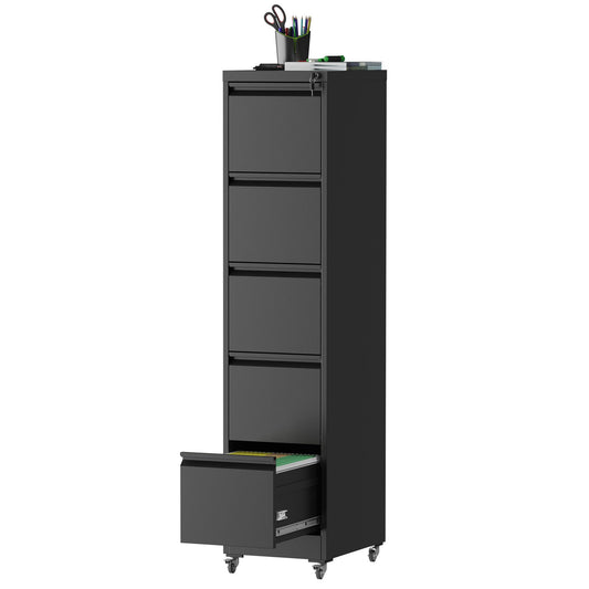 FOSTOKO 5 Drawers Filing Cabient with Wheel, File Cabinet with Lock, Steel Vertical Filing Storage Cabinet for Office, Heavy-Duty File Cabinets for Letters/Legal/A4 (Require Assembly, Black)