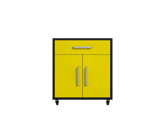 Manhattan Comfort Eiffel 28.35" Rolling Garage Cabinet with 1 Drawer, Soft Close Doors, and 2 Shelving Spaces, Wooden Mobile Outdoor Storage for Kitchen Pantry, Laundry, Office and Shop, Yellow