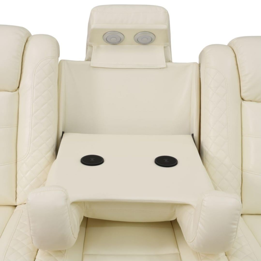 Electric Power Recliner Sofa Living Room Furniture, Comfy Home Theater Breathing Leather Seating with USB 2.0 Charging Ports, LED Light Strips, Fold-Down Table & Wireless charging device (White-2)