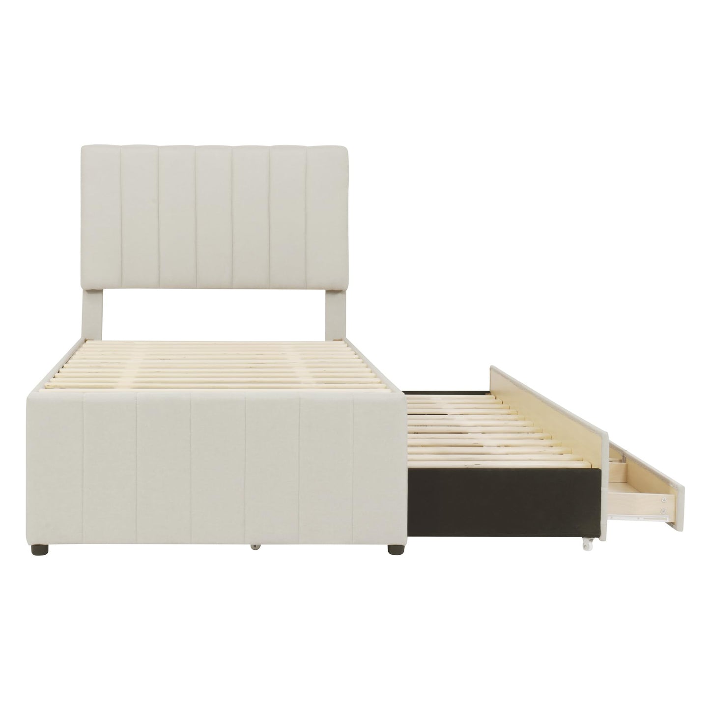 GDFStudio Twin Size Upholstered Platform Bed with Trundle and 3 Storage Drawers, Linen Fabric Bed Frame with Stripe Headboard and Wood Slat Support, Beige