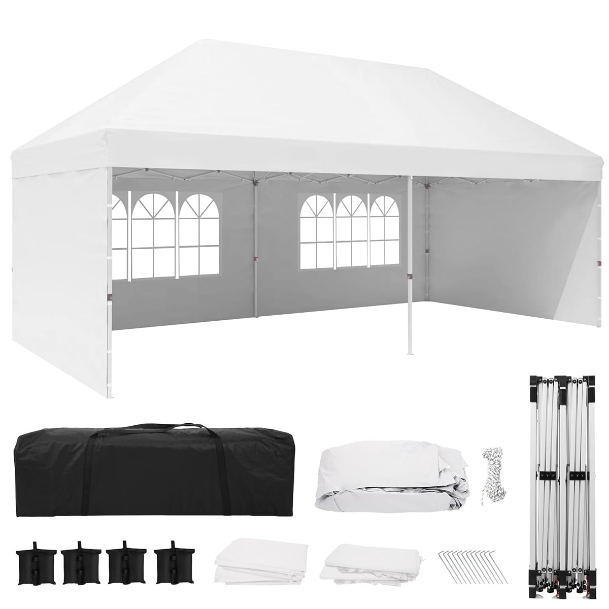 Eachbid 10' x 20' Pop Up Canopy Gazebo Commercial Tent with 4 Removable Sidewalls, Large Party Tent, Event Shelter Gazebo Canopy with 4 Sandbags, Stakes X12, for Patio Party Weddings Picnic (White)