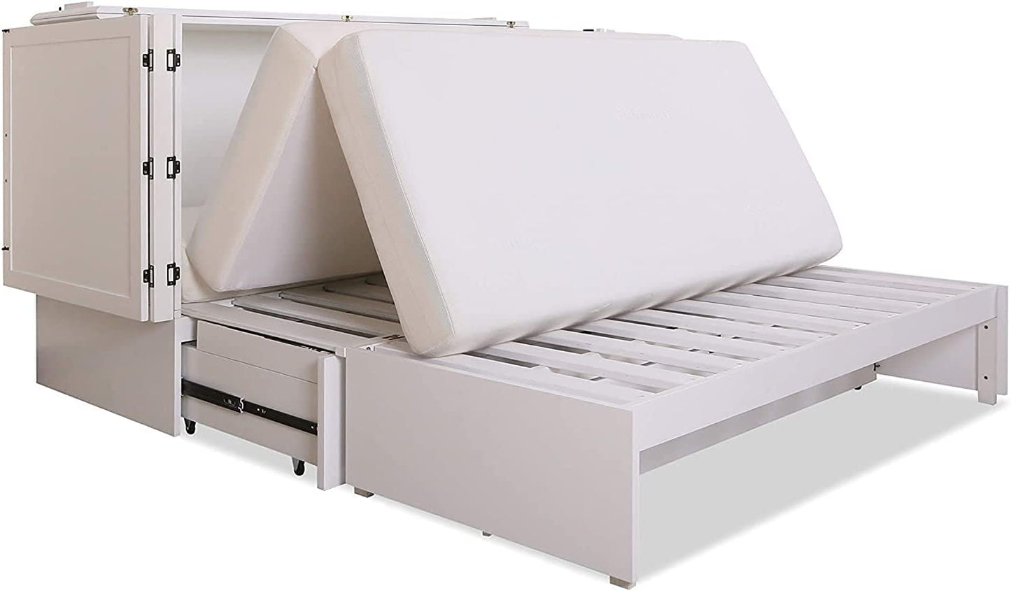 Mega Solutions Emurphybed Daily Delight Murphy Cabinet Chest Bed with Charging Station 6 Inch, (Queen, White)