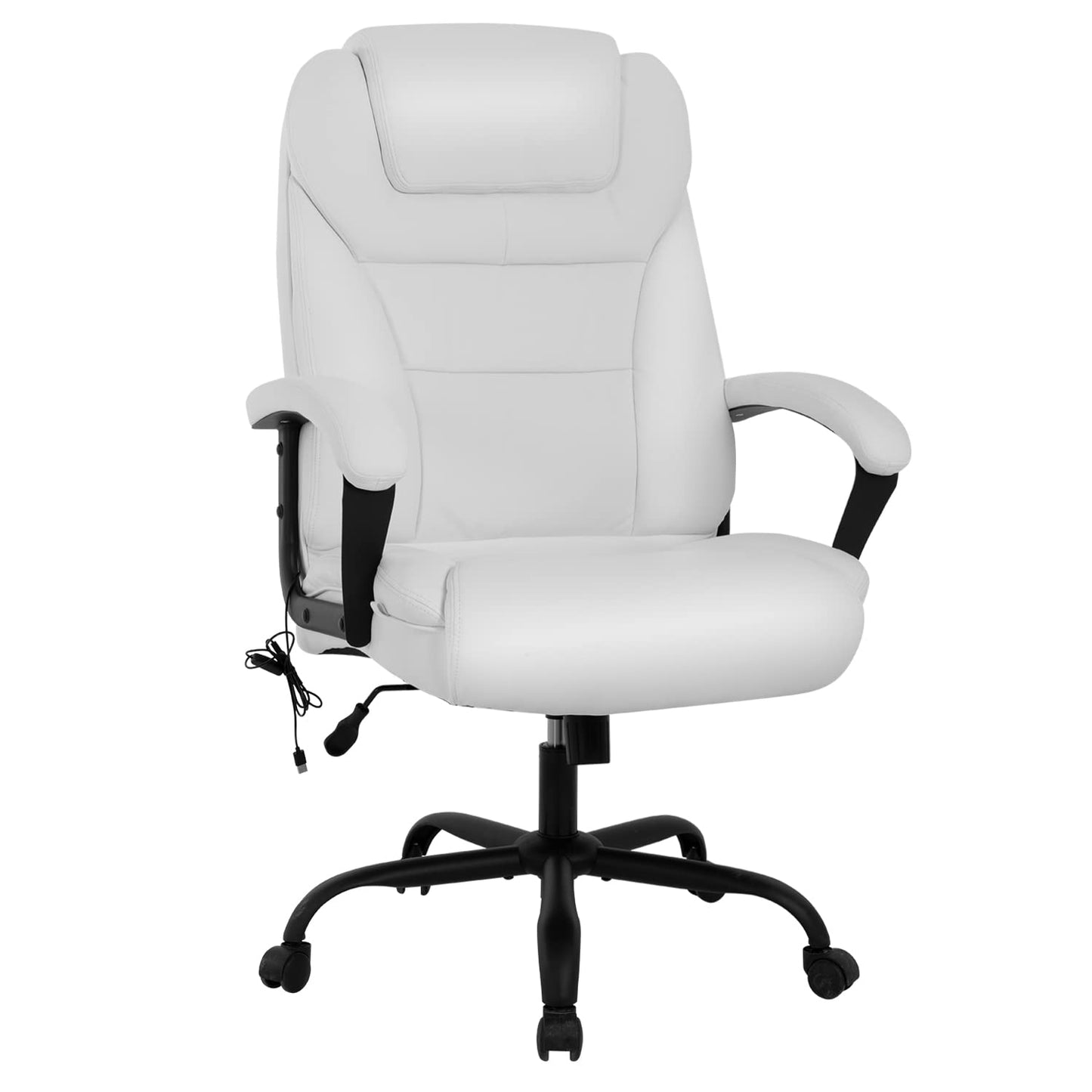Big and Tall 500lbs Wide Seat Ergonomic Desk Chair with Lumbar Support Arms Headrest Massage Office Chair Rolling Swivel PU Leather Task Computer Chair for Adults (White)