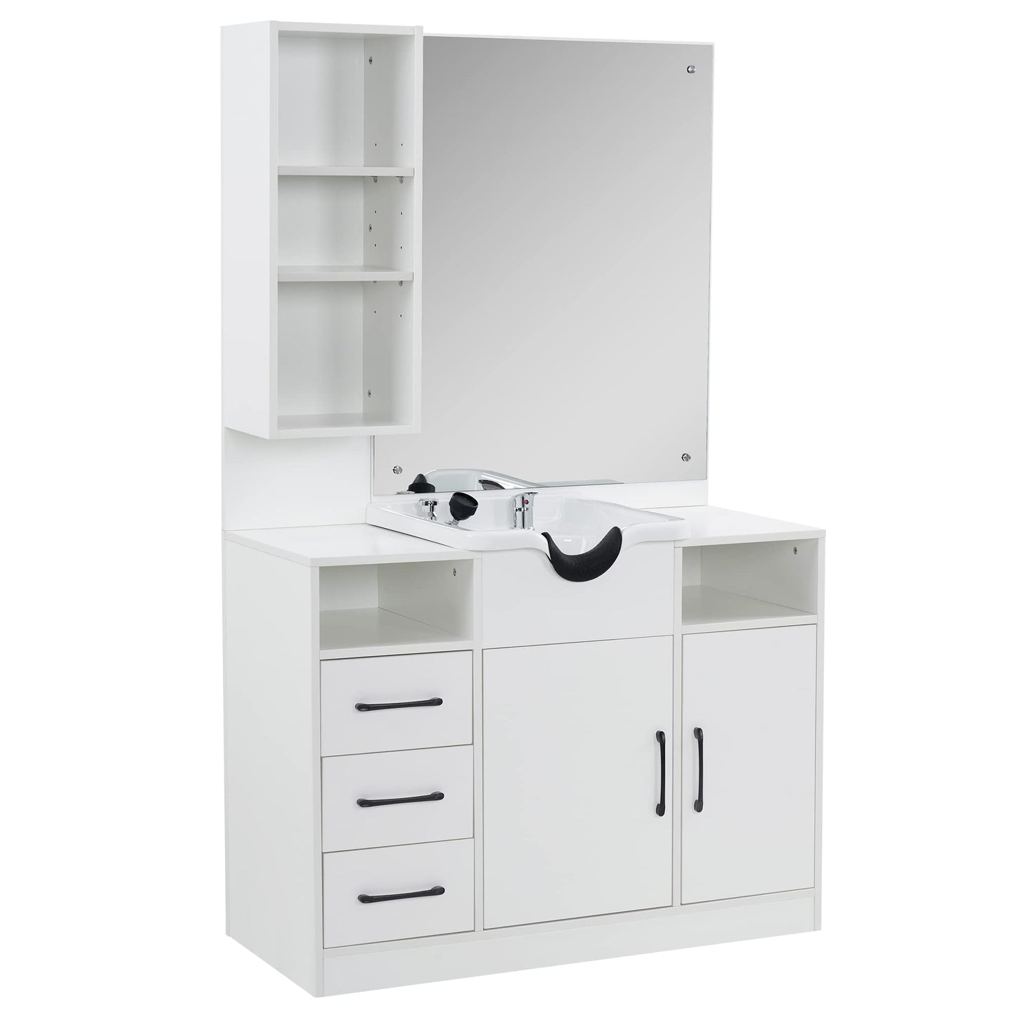 BarberPub Wall Mount Cabinet Barber Station with Mirror and Shampoo backwash Bowl Barbershop Salon Equipment 3140 (White)