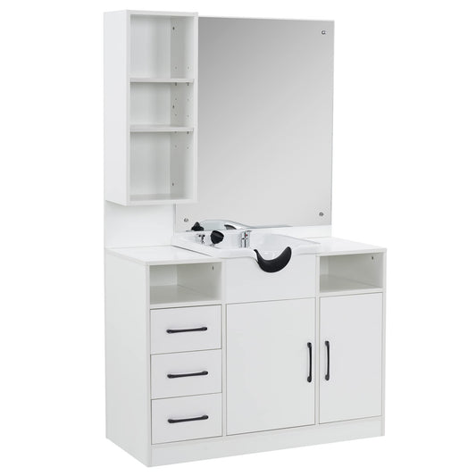 BarberPub Wall Mount Cabinet Barber Station with Mirror and Shampoo backwash Bowl Barbershop Salon Equipment 3140 (White)