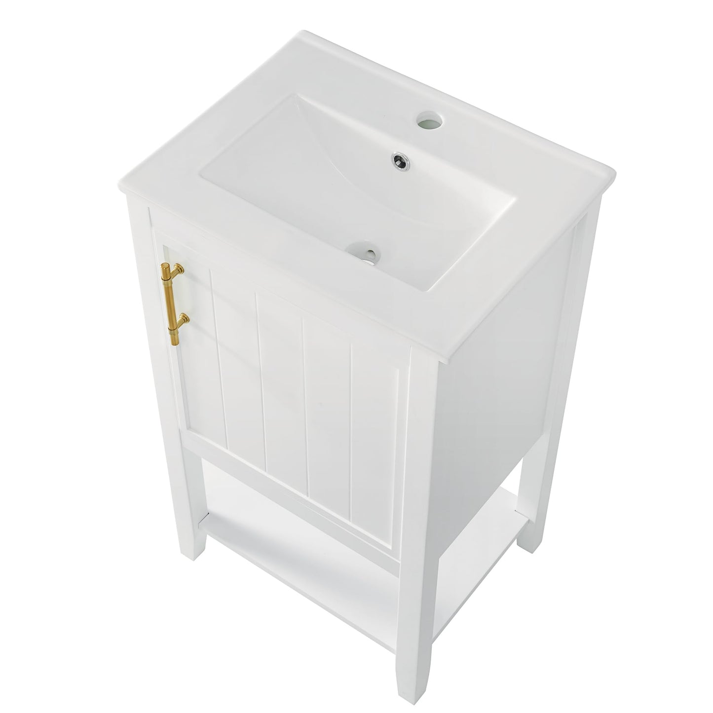 20" Small Bathroom Vanity with Ceramic Sink Top and Open Shelf, Soft-Closing Door and Rack Shelf, Solid Wood Legs, White