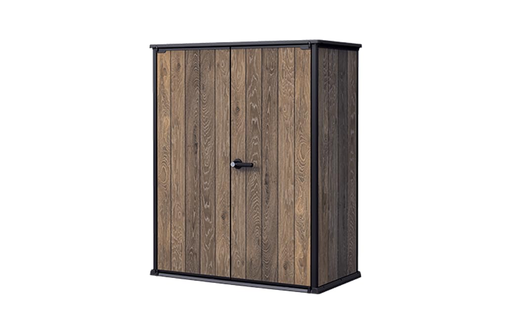 Signature Collection Vertical Outdoor Storage Shed, Weather-Resistant Resin Storage Cabinet with Double Doors & Heavy-Duty Floor, Walnut