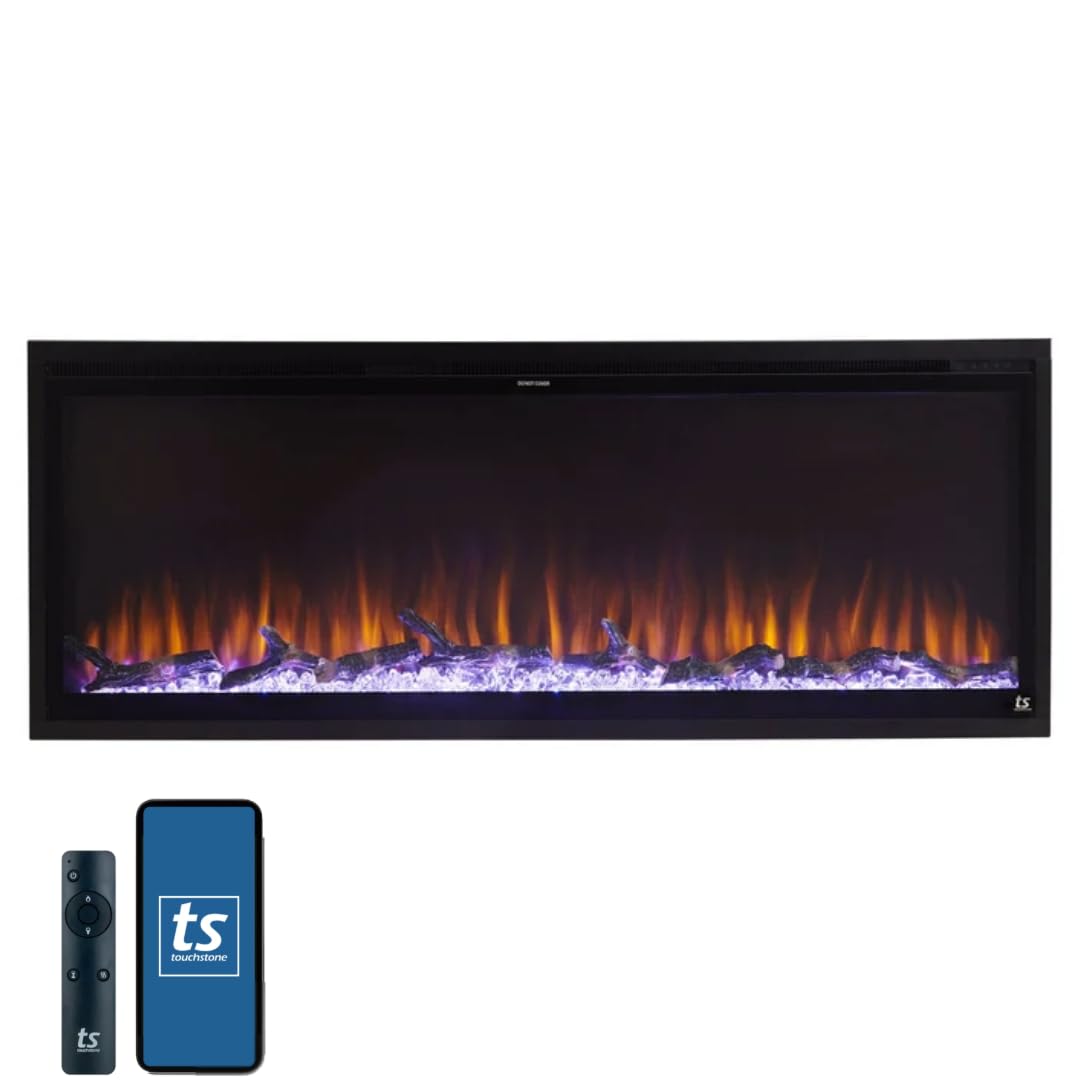 Touchstone Sideline Elite Smart 50” WiFi-Enabled Electric Fireplace - in-Wall Recessed - 60 Color Combinations - 1,500W Heater - Black - Log, Crystals & Driftwood - 80036