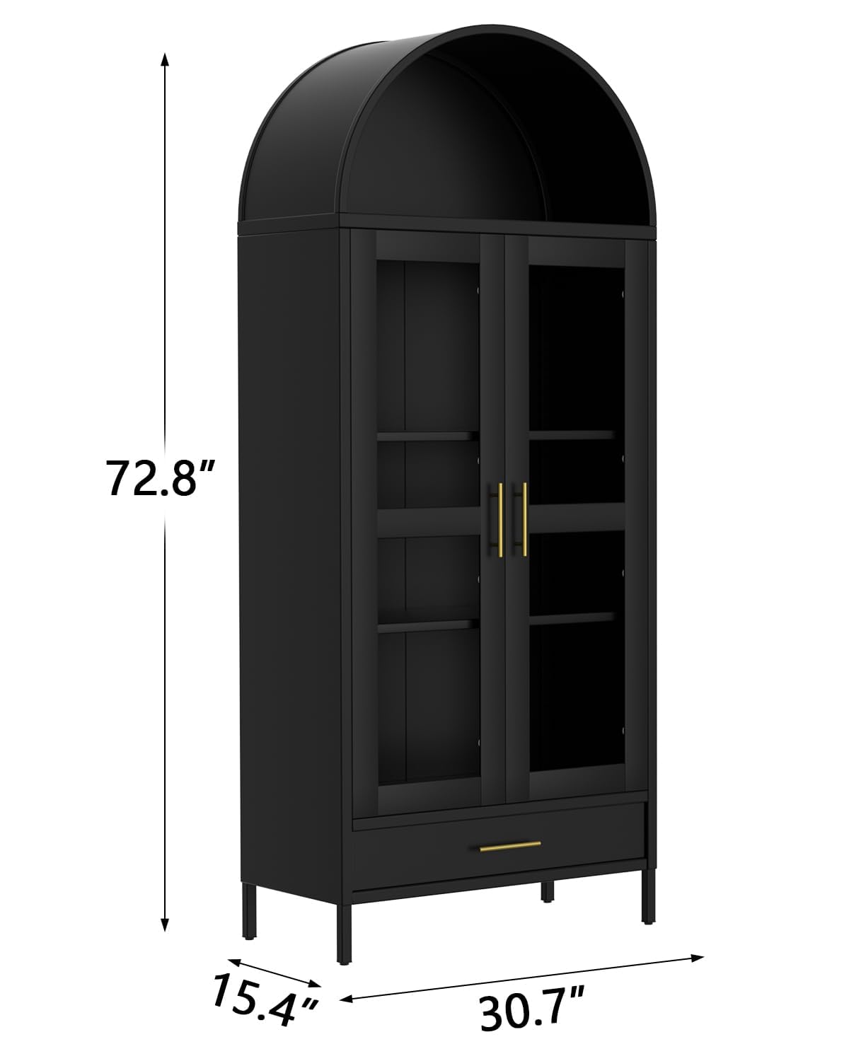 IDEALHOUSE 73" Tall Arched Metal Storage Cabinet with Glass Doors and Drawer, Freestanding Pantry Cabinet, Adjustable Shelves, Modern Display Bookshelf for Living Room, Dining Room, Kitchen, Black
