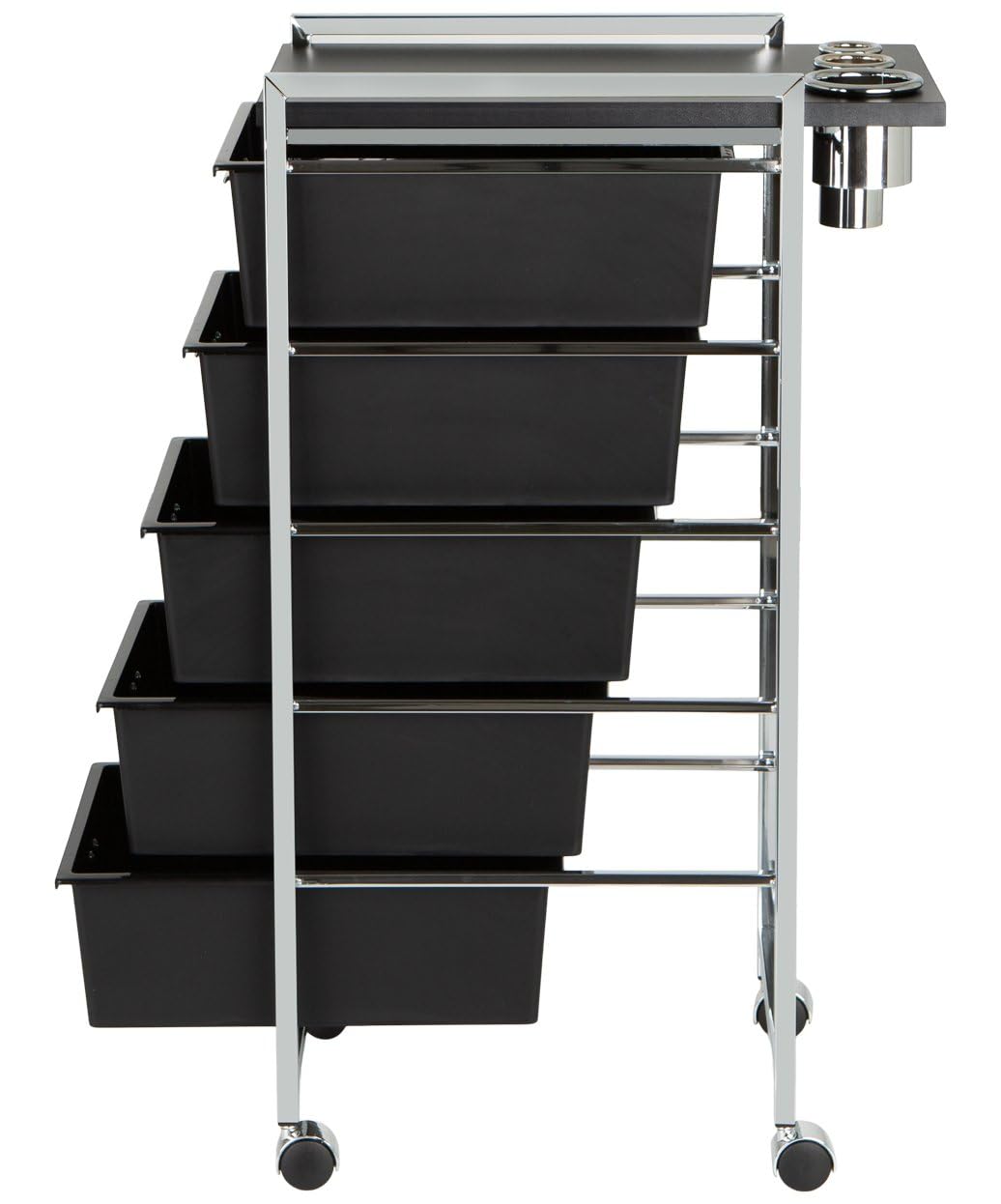 Pibbs D29-BLK 5-Tier Professional Salon Utility Cart with Wheels - Black Styling Station with Metal Appliance Holders, Extra-Large Work Surface & 5 Removable Storage Drawers – Durable & Mobile