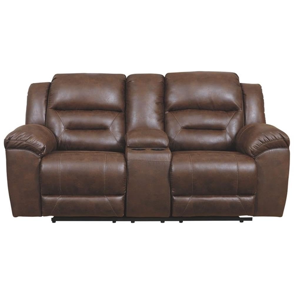 Signature Design by Ashley Stoneland Faux Leather Power Double Reclining Loveseat with Center Console, Dark Brown