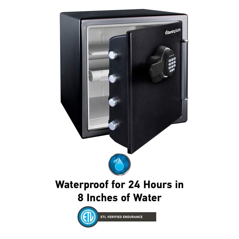 SentrySafe Fireproof and Waterproof Black Steel Home Safe with Digital Keypad Lock and Organization Trays for Money, Documents, 1.23 Cubic Feet, SFW123EU
