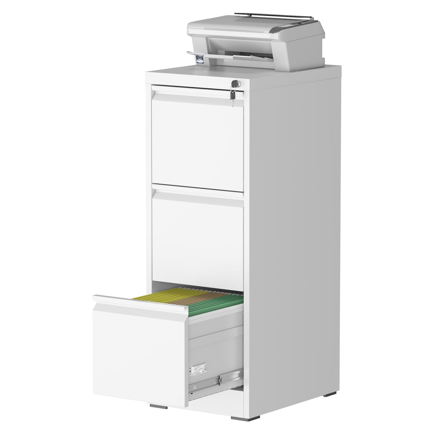 FOSTOKO 3 Drawer File Cabinet with Lock, White Steel Vertical Filing Storage Cabinet for Home Office, Heavy-Duty File Cabinets for Letters/Legal/A4, Require Assembly