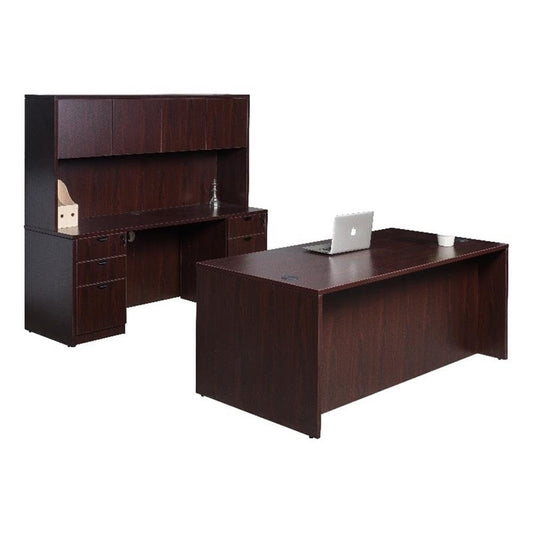 Boss Office Products Holland 71" Executive Desk and Credenza with Dual File Storage Pedestal and Hutch, Mahogany