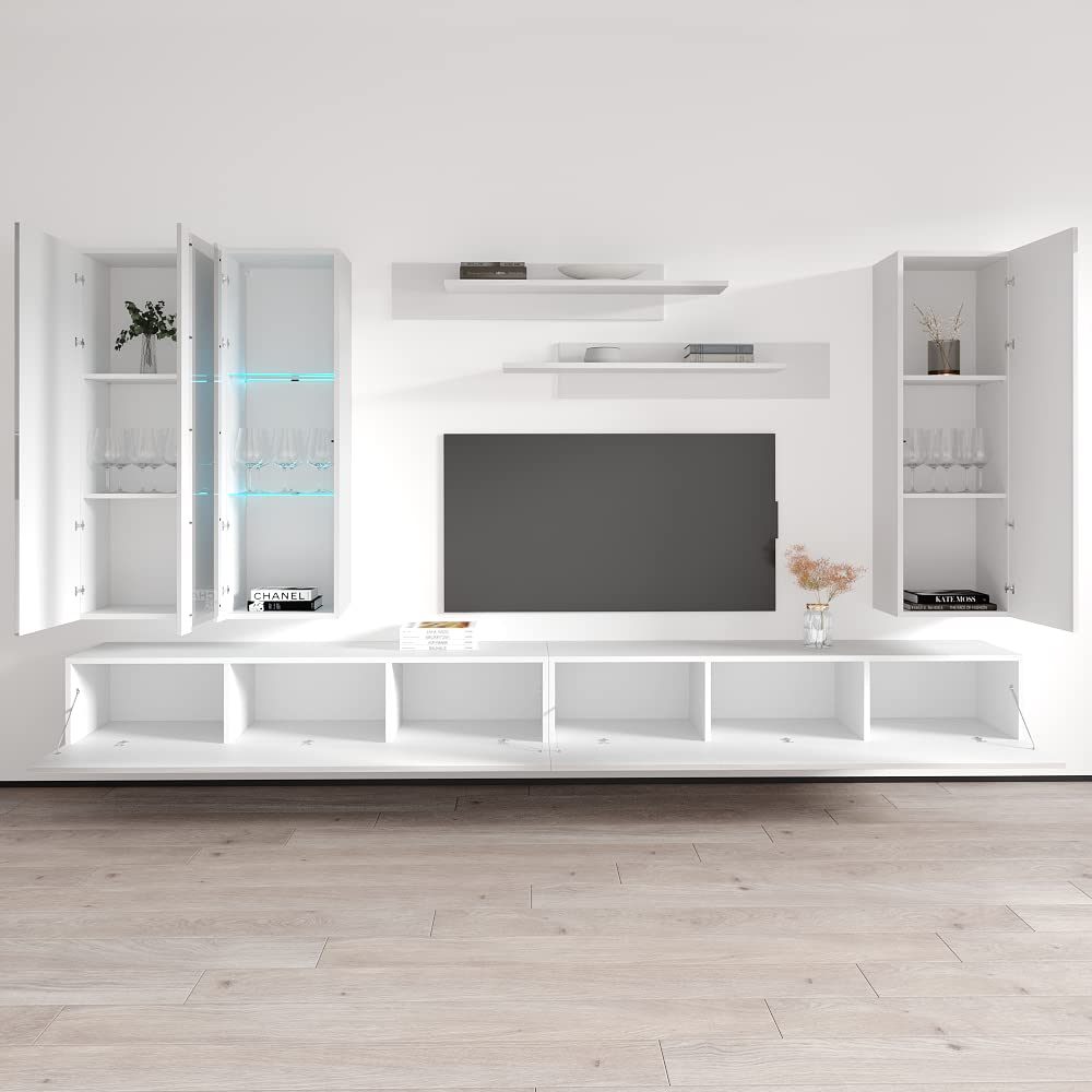 Meble Furniture Fly E1 30TV Stand Wall-Mounted Entertainment Center — Floating Design with Storage Shelves and LED Lighting — Modern High Gloss, 59.1 x 14.2 x 15.7 inches — White