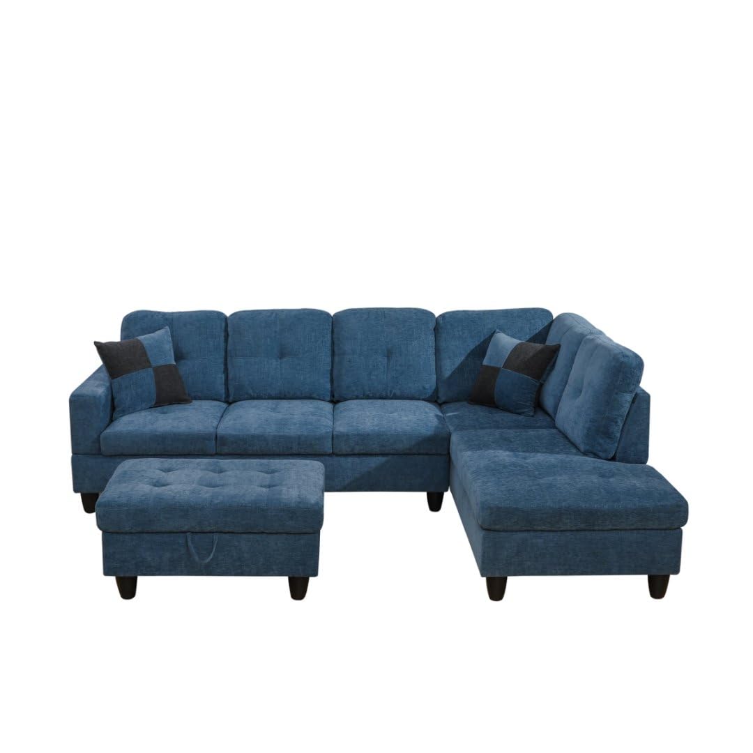 UOCFYK L-Shaped 3-Piece Flannel Sofa with Storage Ottoman Set, Sectional Couch Sofa Set for Living Room, Office, Small Space, Blue