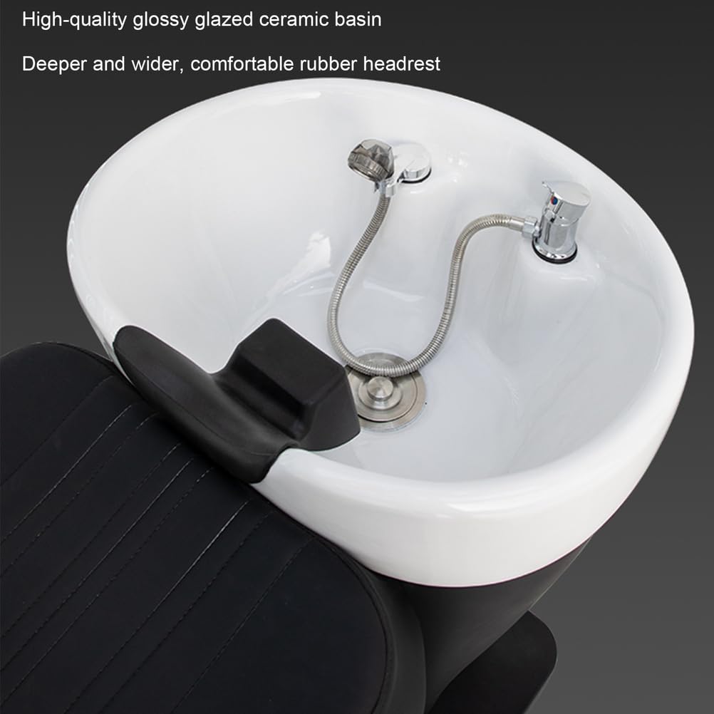 Shampoo Backwash Unit, Shampoo Bowl and Chair Set with Ceramic Sink, Reclining Shampoo Station with Footrest, Backwash Barber Chair for Salon Spa