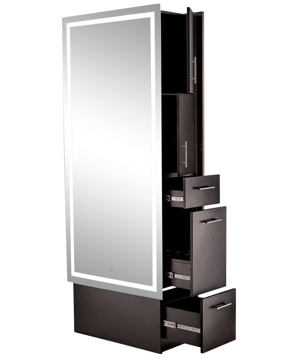 Pibbs 9110 Lumina LED Double Sided Salon Station for Two Stylists - Dual Full-Length LED Mirrors, Appliance Pull-Outs, Storage Drawers & Cabinets, Black Modern Finish, PIB-9110-B2B-BLK