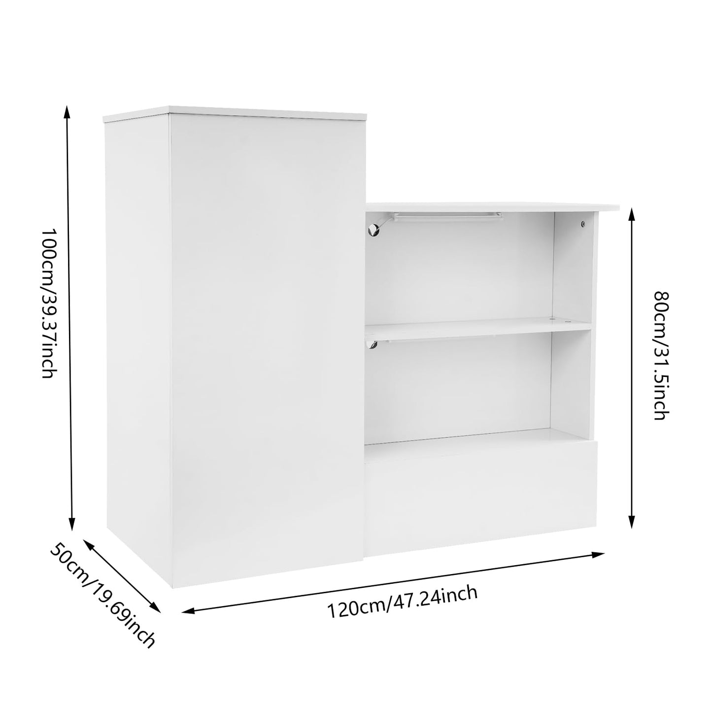 DDBESSIC Reception Desk Counter with Lockable Drawer and Open Shelves, Office Front Desk with Lights, 47 X 20in Reception Counter for Offices, Stores, Restaurants, Beauty Salons (White)