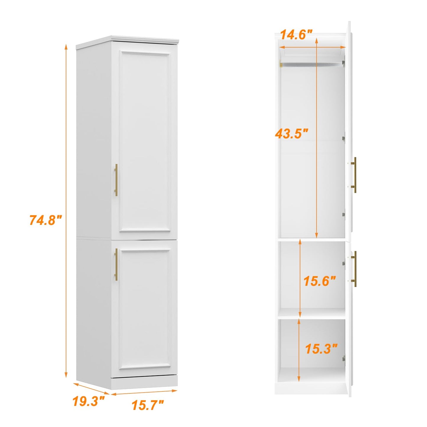 FUFU&GAGA Narrow Wardrobe Closet with 2 Doors, Modern White Bedroom Armoire with Gold Handles, Modern Clothes Storage Cabinet with Shelves, Hanging Rod, 15.7”W x 19.3”D x 74.8”H