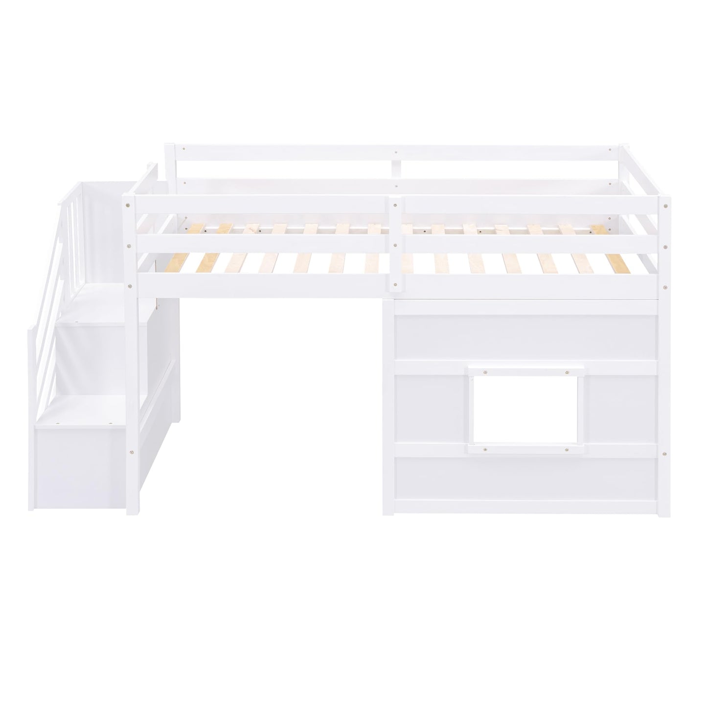 Merax Twin Size Loft Bed with Storage Staircase, Solid Wood Loft Bed Frame with LED Light and Safety Guardrail, Under-Bed Play Space, Playhouse Beds for Kids, Boys, Girls,White